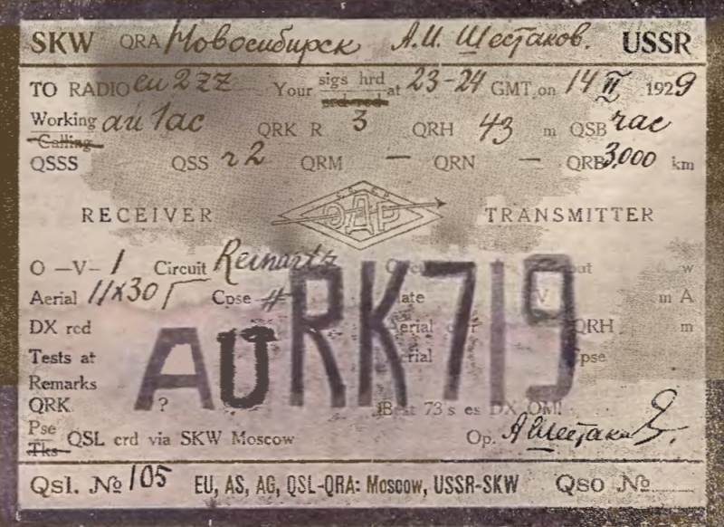 Радио Всем №4 1929 QSL card Шестакова А.И. RK719